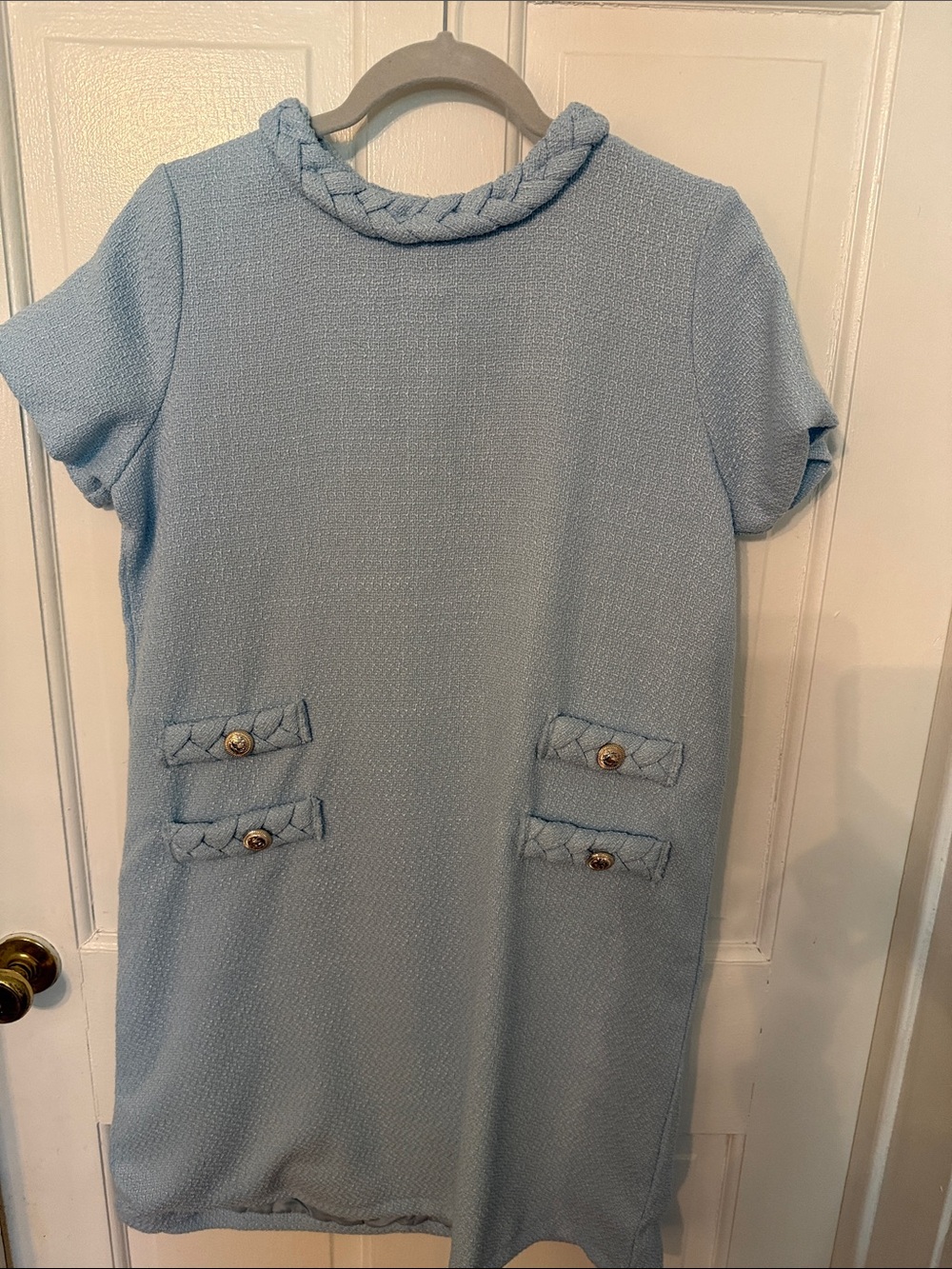 Textured Light Blue Short Sleeve Shift Dress with Braided Collar